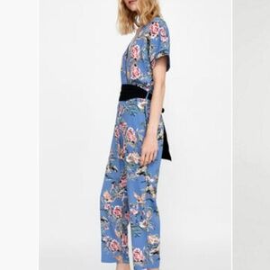 Zara Blue Floral Oriental-Style Belted Jumpsuit